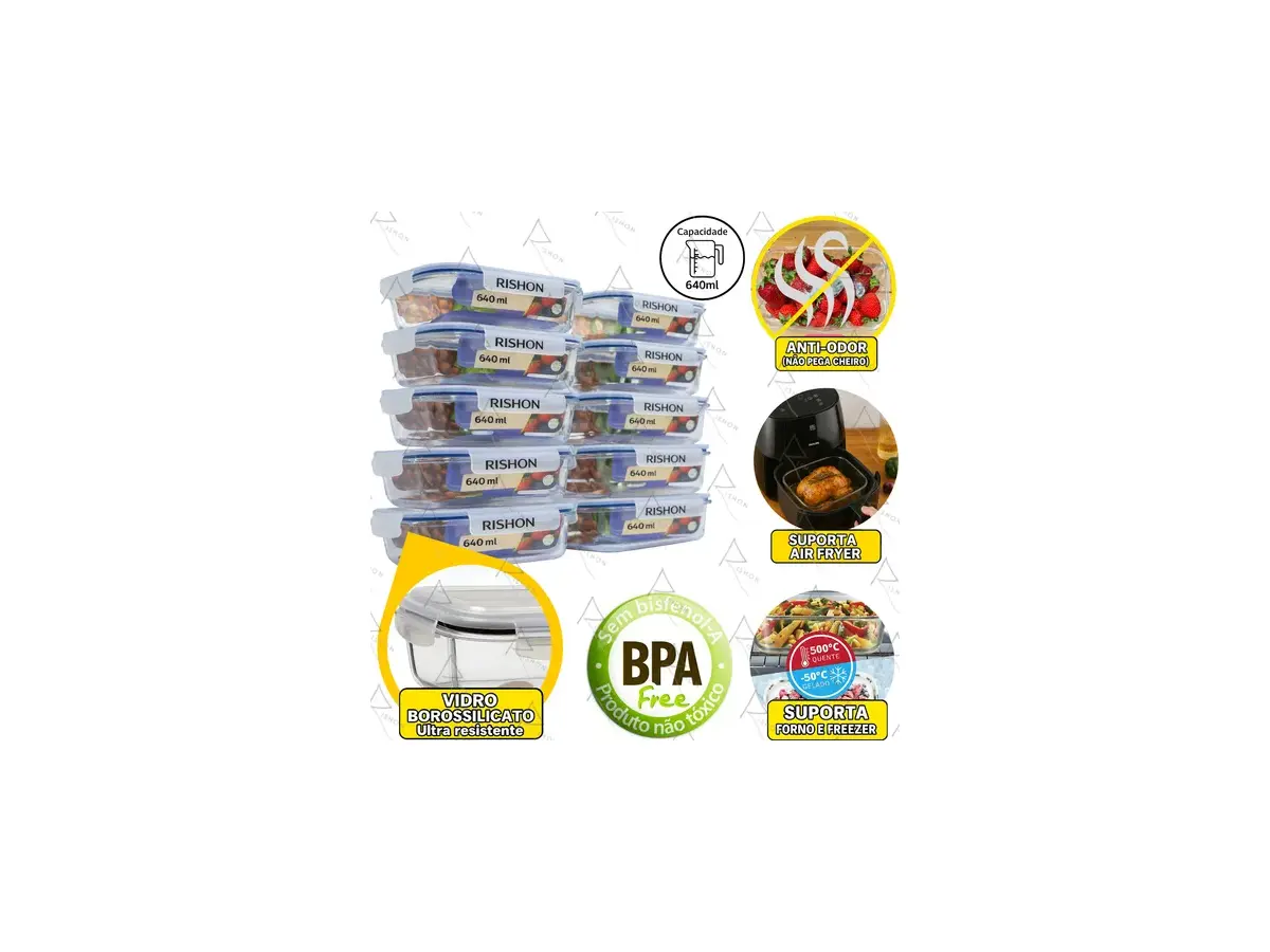 Kit 10 Potes de Vidro Marmita Hermético 640ml Rishon