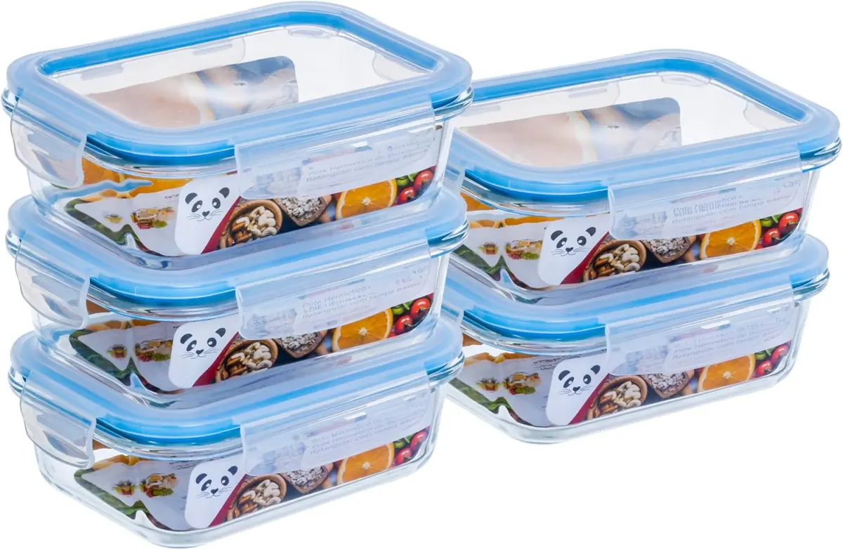 KIT 5 Potes de Vidro Retangular com Tampa Hermética 640ml